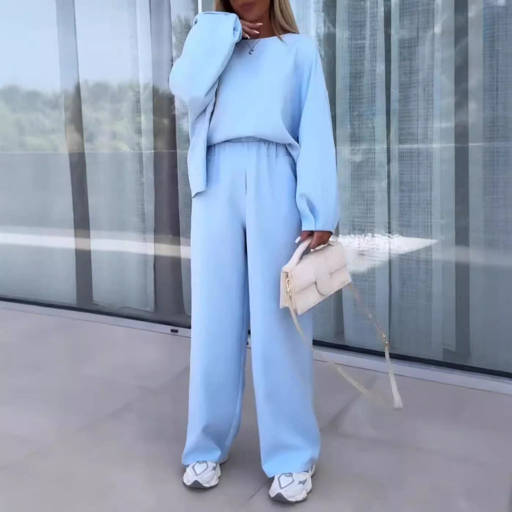 Ensemble deux-pièces femme couleur unie col rond manches longues taille élastique