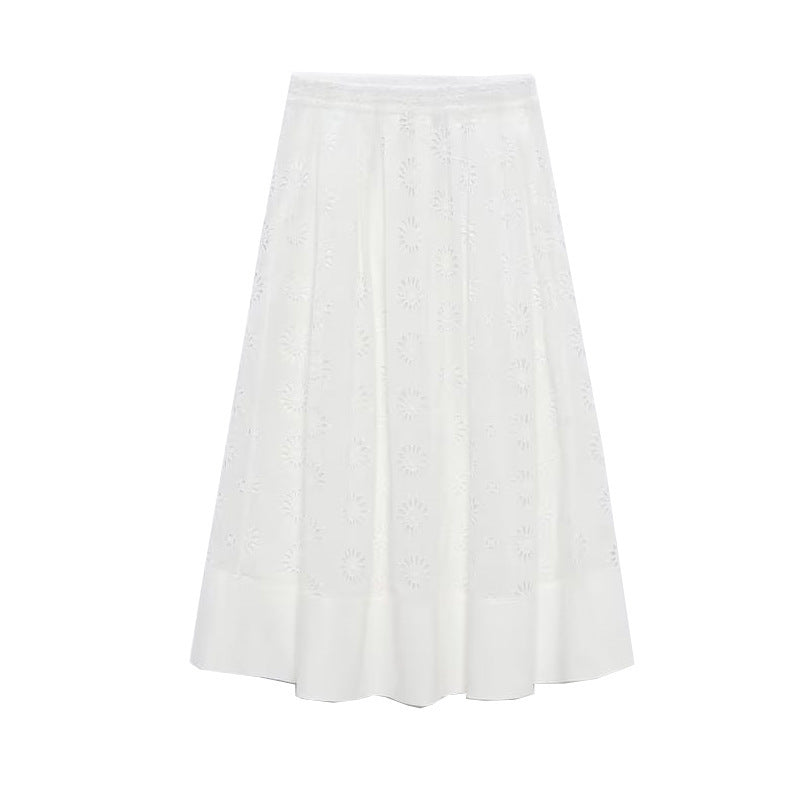 White Hollow-out Embroidered Top High Waist Skirt