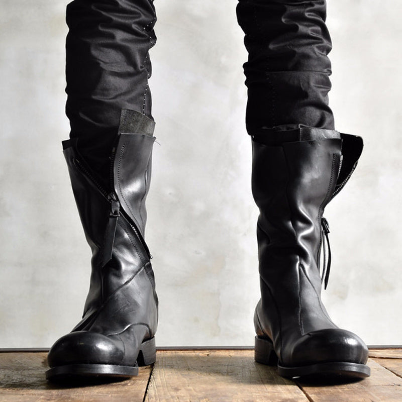Bottes rétro en cuir déstructurées asymétriques pour hommes avec fermeture éclair