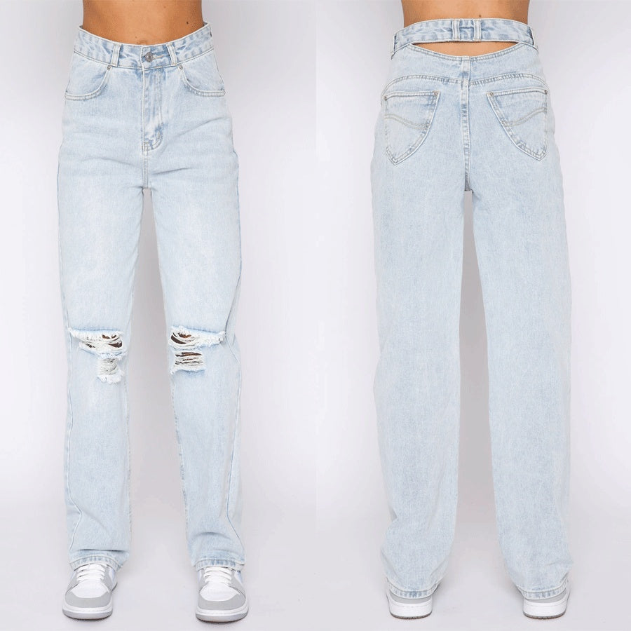 Solid Straight High Waist Denim Trousers