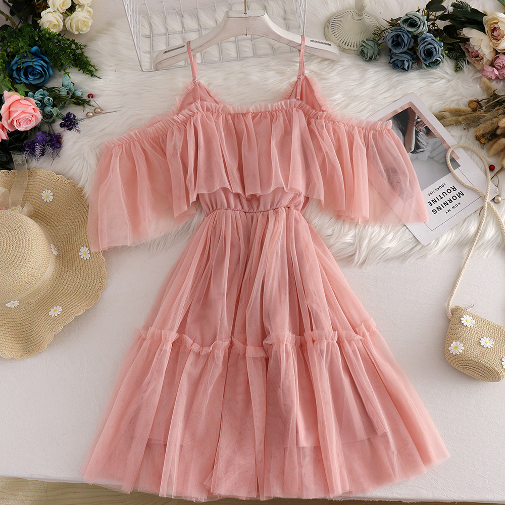 Off-the-shoulder Strappy Ruffled Mesh Dress