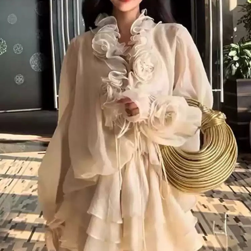 French Style Puff Sleeve Stand-Up Collar Shirt Dress for Women Polyester