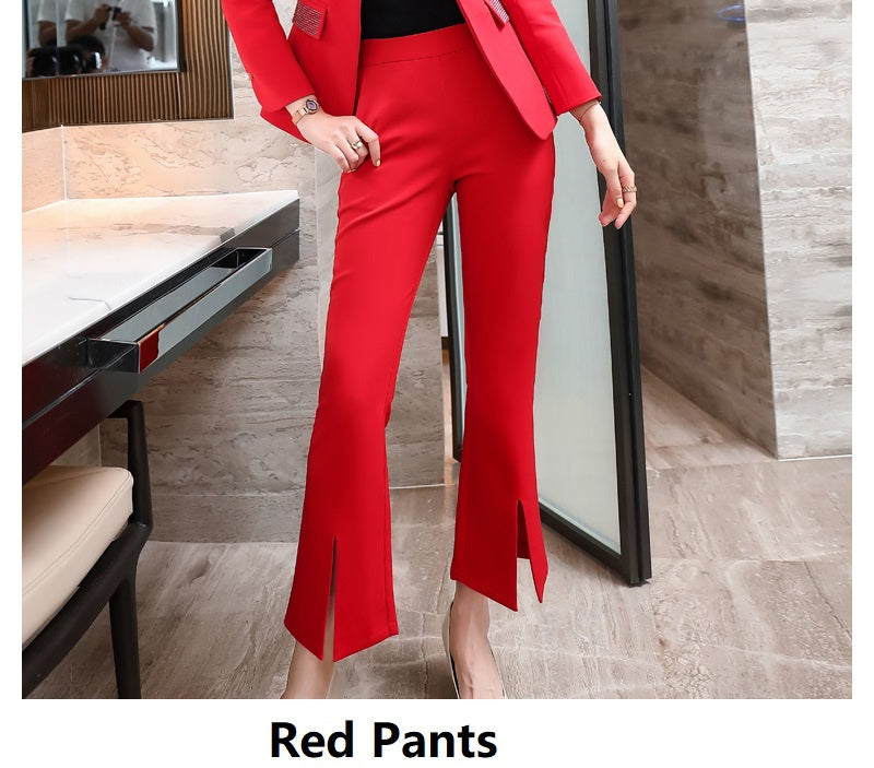 Tailleur-pantalon professionnel pour femmes en polyester avec manteau – Beige, Rouge, Noir, Tailles S-4XL