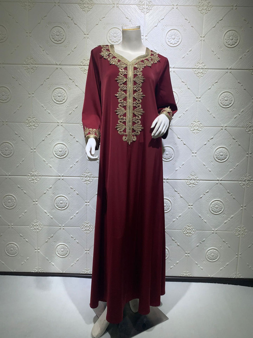 Dubai Embroidery Bronzing Lace Jalabiya Dress with Belt in Multiple Colors and Sizes
