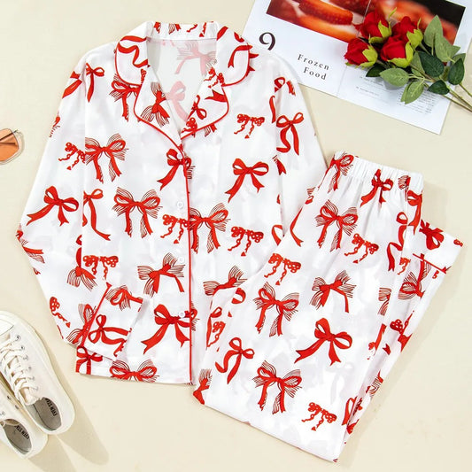 Red Bow Print Long Sleeve 2-Piece Pajama Set