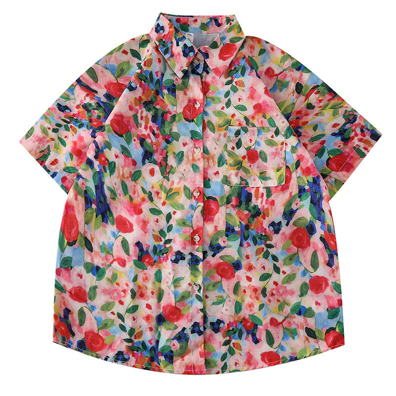 Women's Design Retro Girly Style Printed Short-sleeved Shirt