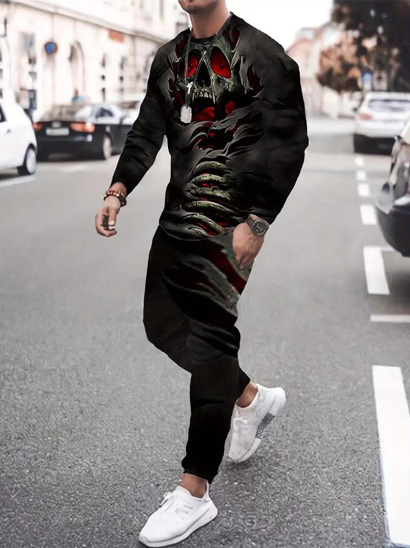 Men's 3D Digital Print Round Neck Sports Sweatshirt Suit