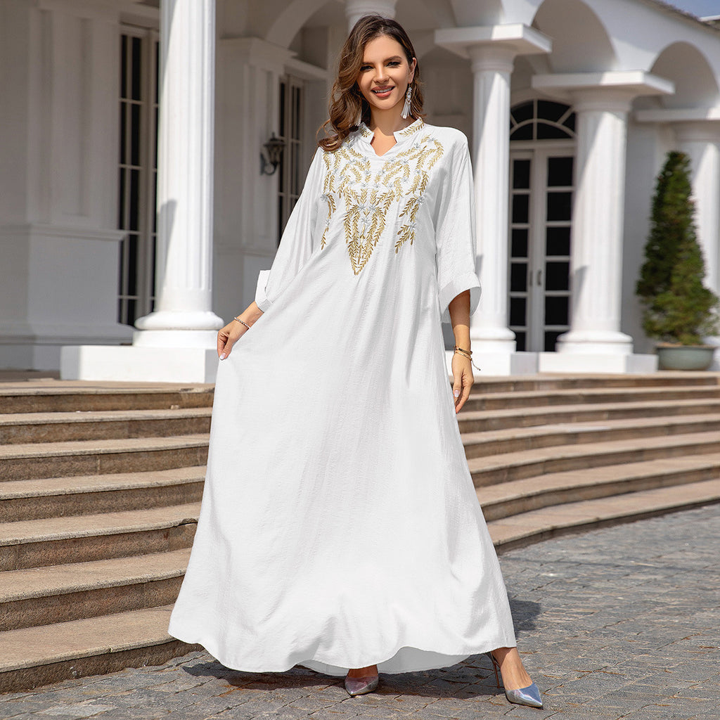 Robe longue brodée rose et blanc pour femmes musulmanes, tailles M-XXL