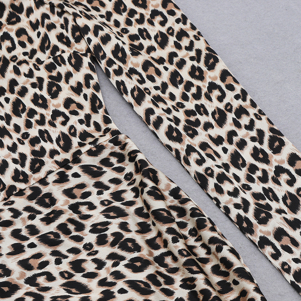 Leopard Print Long Sleeve Slim-Fit Split Sheath Dress