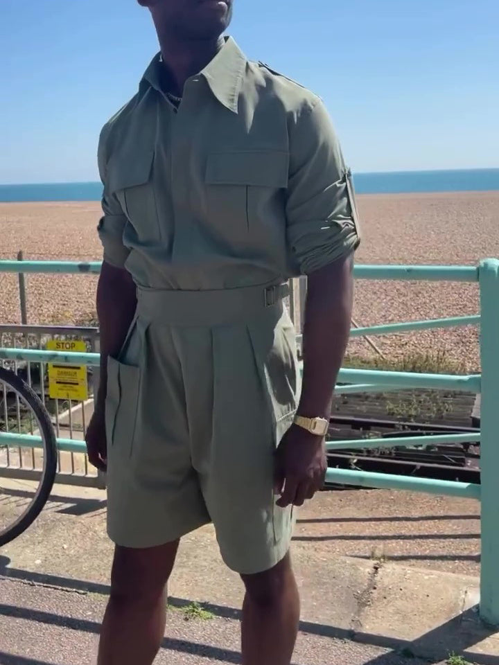 Army Green Cotton-Linen Long Sleeve Pocket Shirt & High Waist Shorts Set
