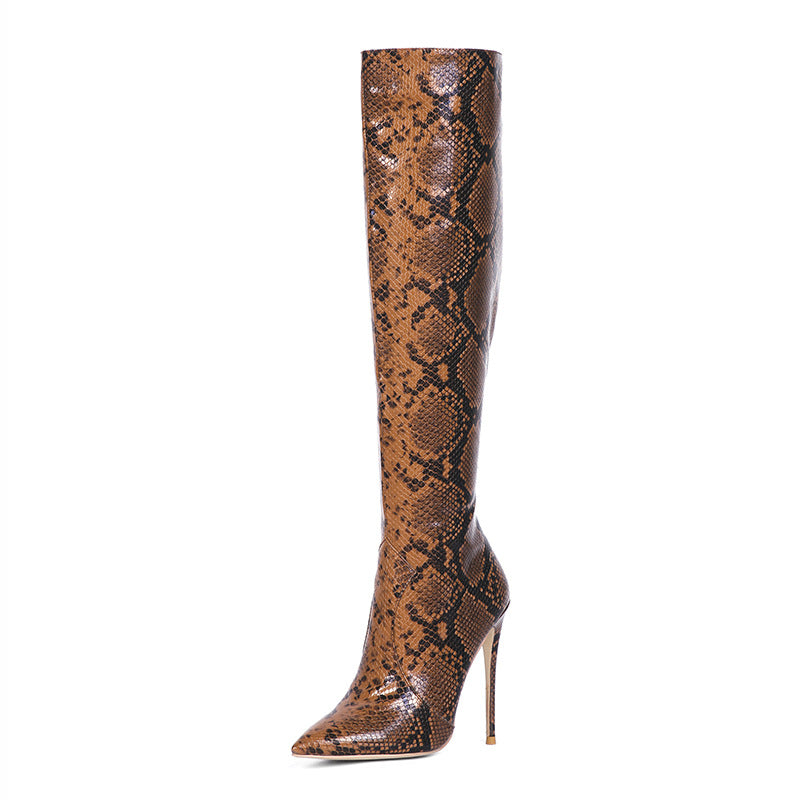 Spring Autumn Snake Pattern High-Top Stiletto Heel Boots with Side Zipper