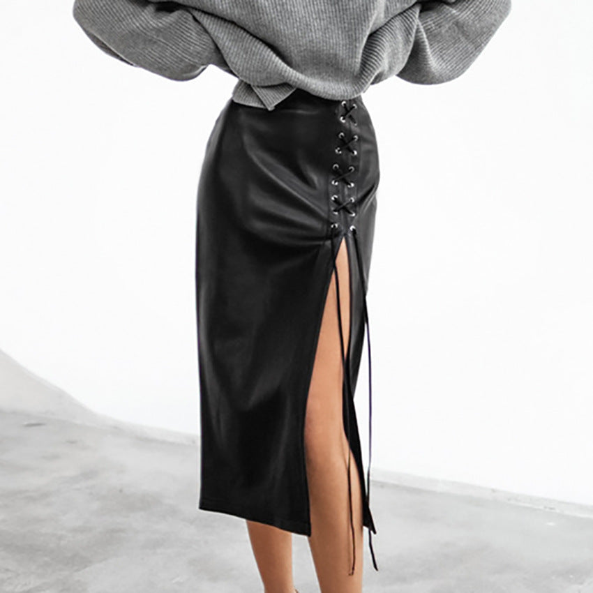 Punk Black Lace-Up PU Leather Mid-Length Skirt for Women