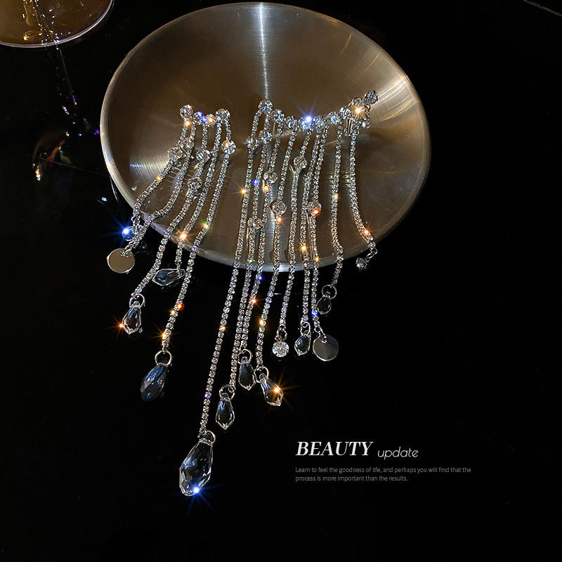 Silver Pin With Diamonds And Crystal Tassel Asymmetric Earrings Exaggerated
