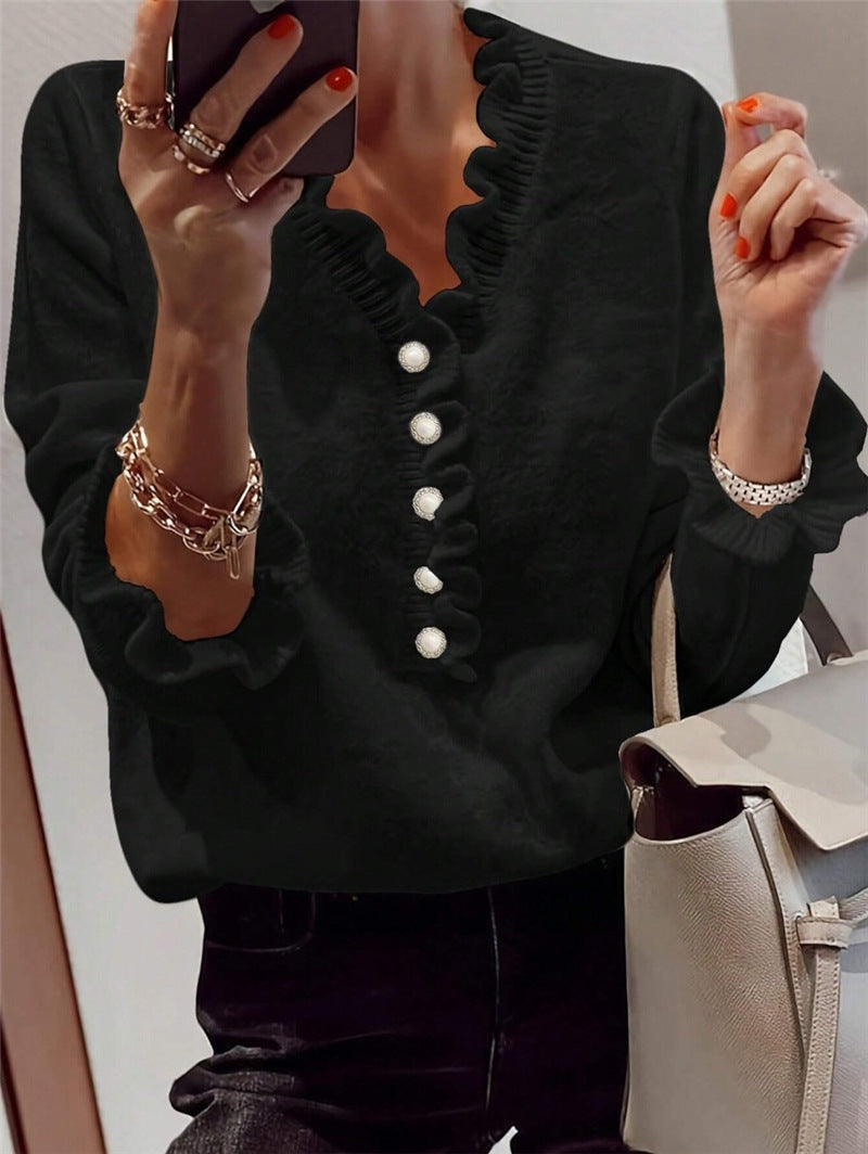 Women’s Winter V-Neck Ruffled Knitted Pullover Sweater Long Sleeve