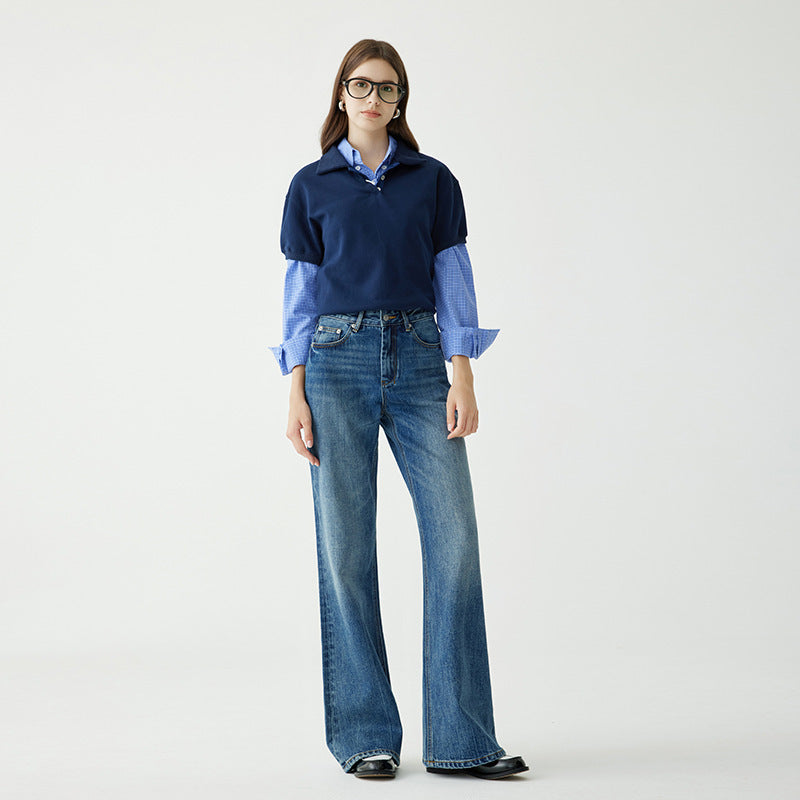Women's Autumn High Waist Dark Gray-Blue Stretch Straight Jeans