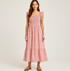 Robe de plage sans manches plissée à volants et motif à carreaux d'été pour femme
