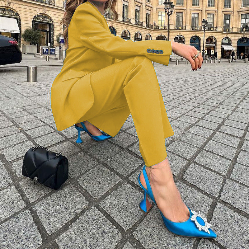 Ensemble blazer et pantalon décontracté de couleur unie pour femme
