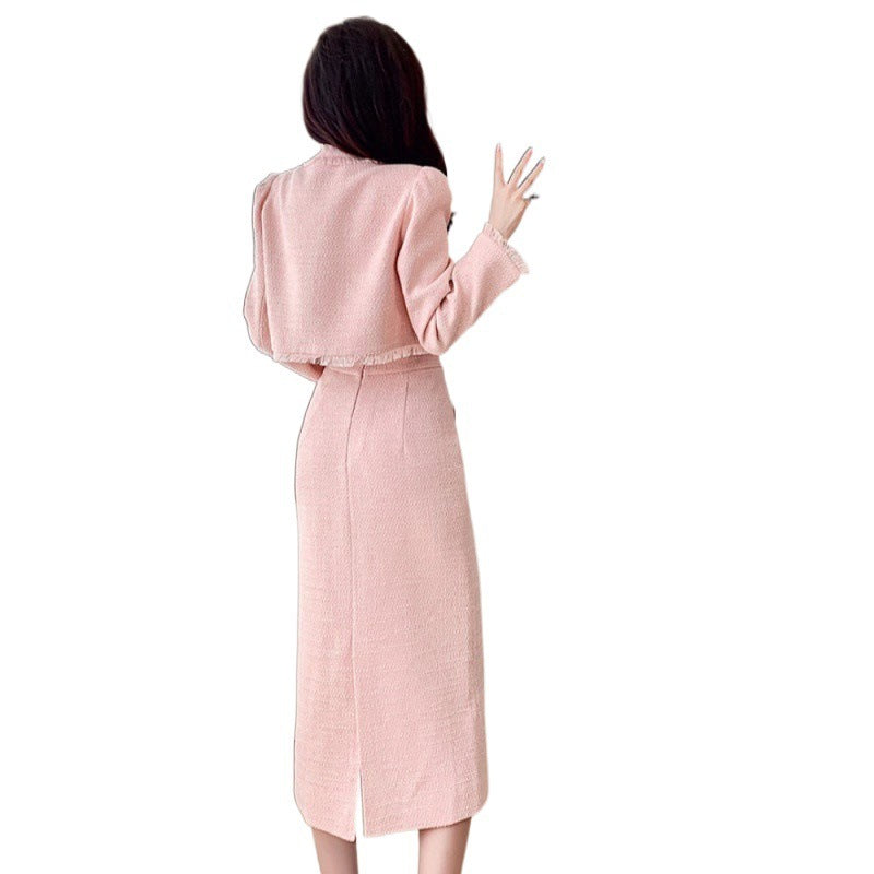 Ensemble jupe longue taille haute rose classique en laine pour femme S-XL