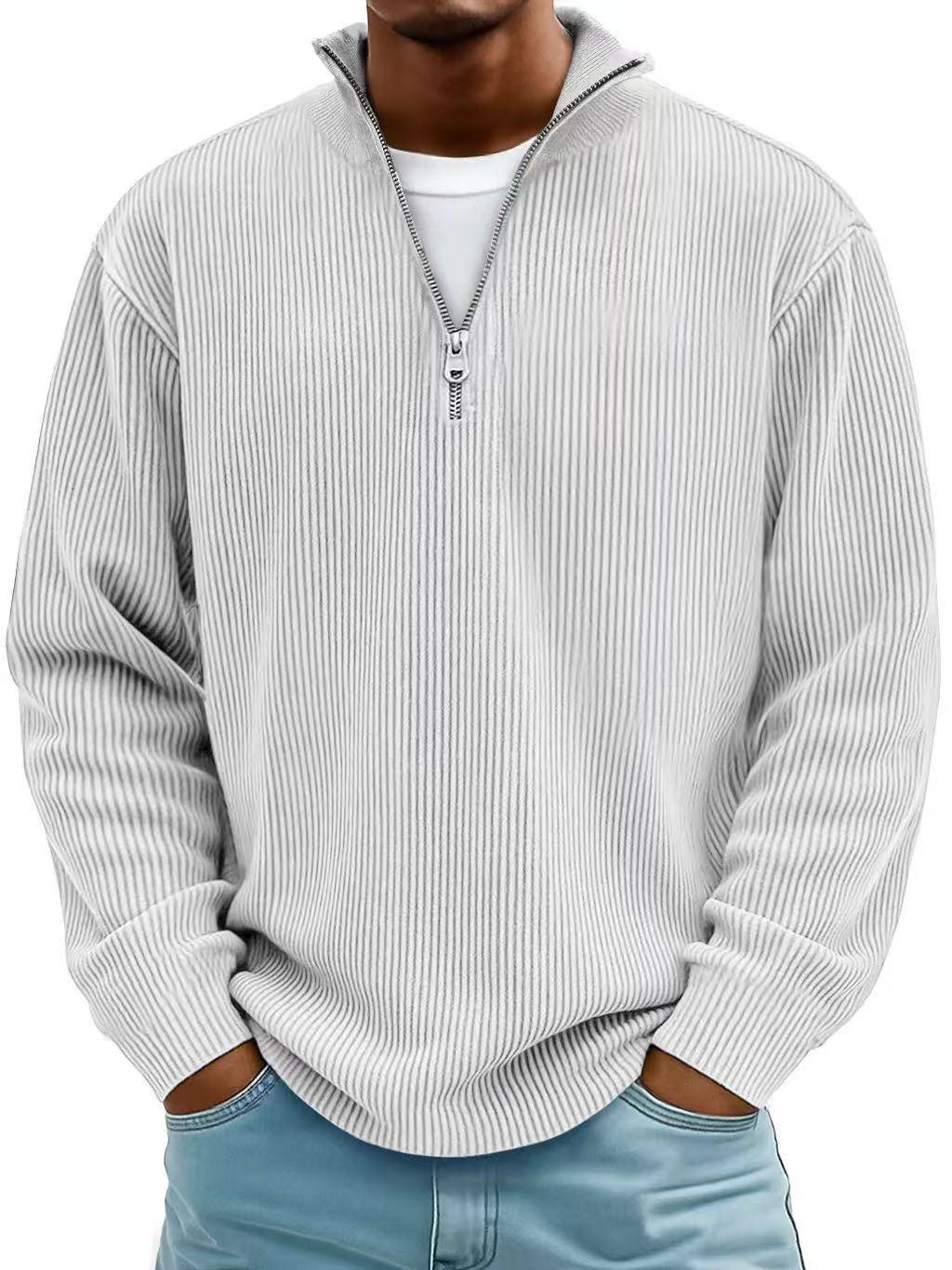 Casual Ribbed Stand Collar Corduroy Zipper Long Sleeve Pullover