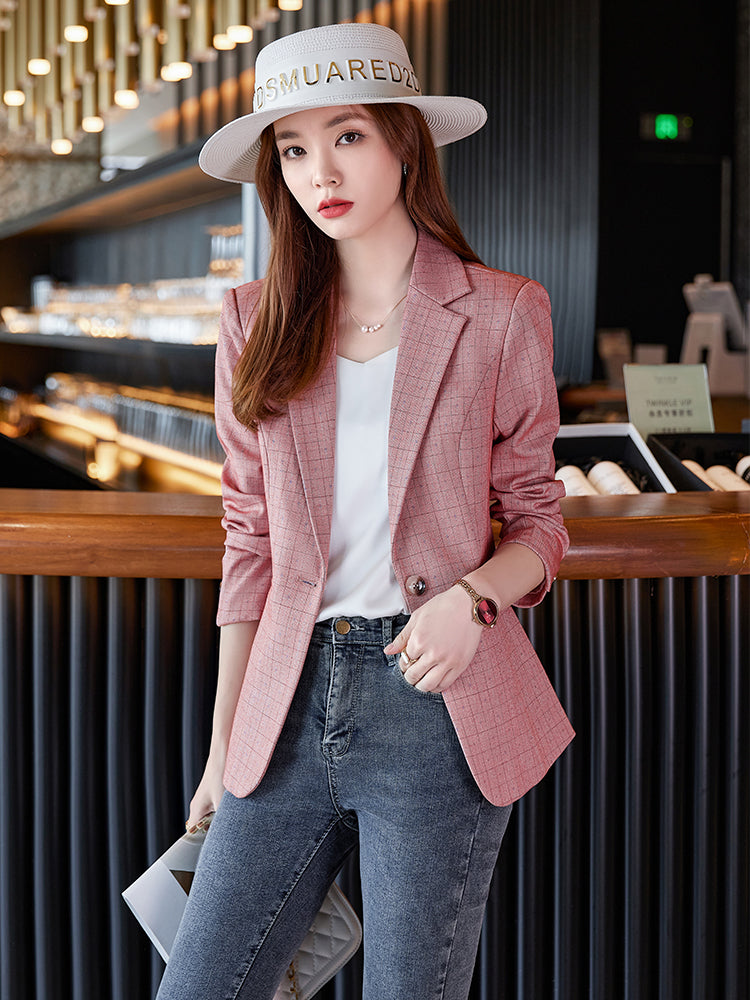 Women's Pink Checked Suit Jacket Small Polyester Blend