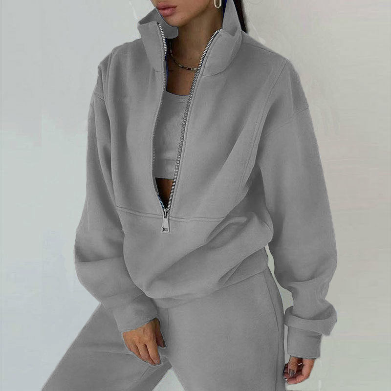 Women's Zipper Fleece Sweater and Pants Set - Casual Sportswear