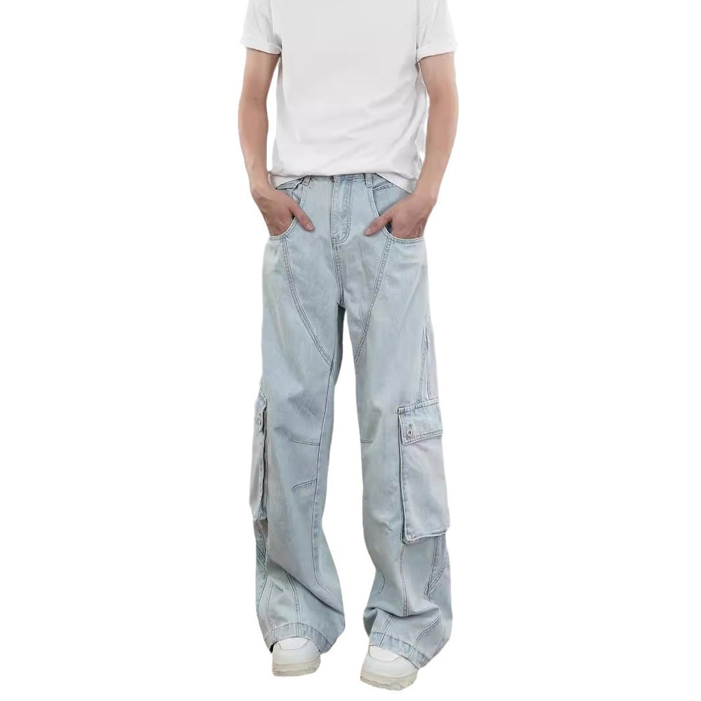 American Retro Gender-Free Blue Cotton Casual Pants Mid Waist S-3XL