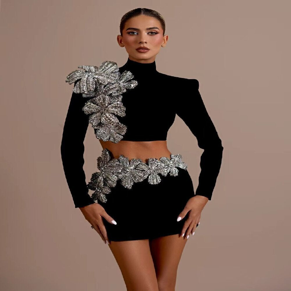 Black Two-Piece Set: Long Sleeve Top & Short Hip Skirt with Diamonds