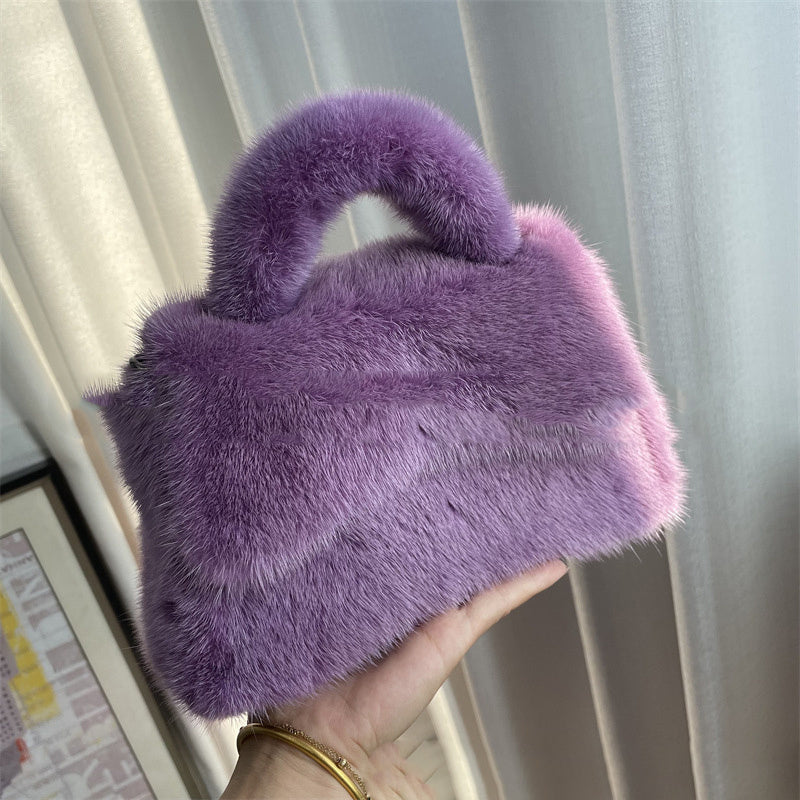Mink Fur Hourglass Wrapped Clutch with Hard Handle - Plush, Magnetic Buckle, 22x26x18cm, Multiple Colors
