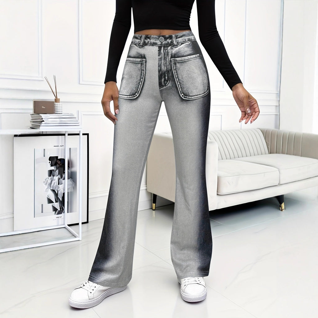 Casual Faux Denim Flare Pants with Fake Pockets