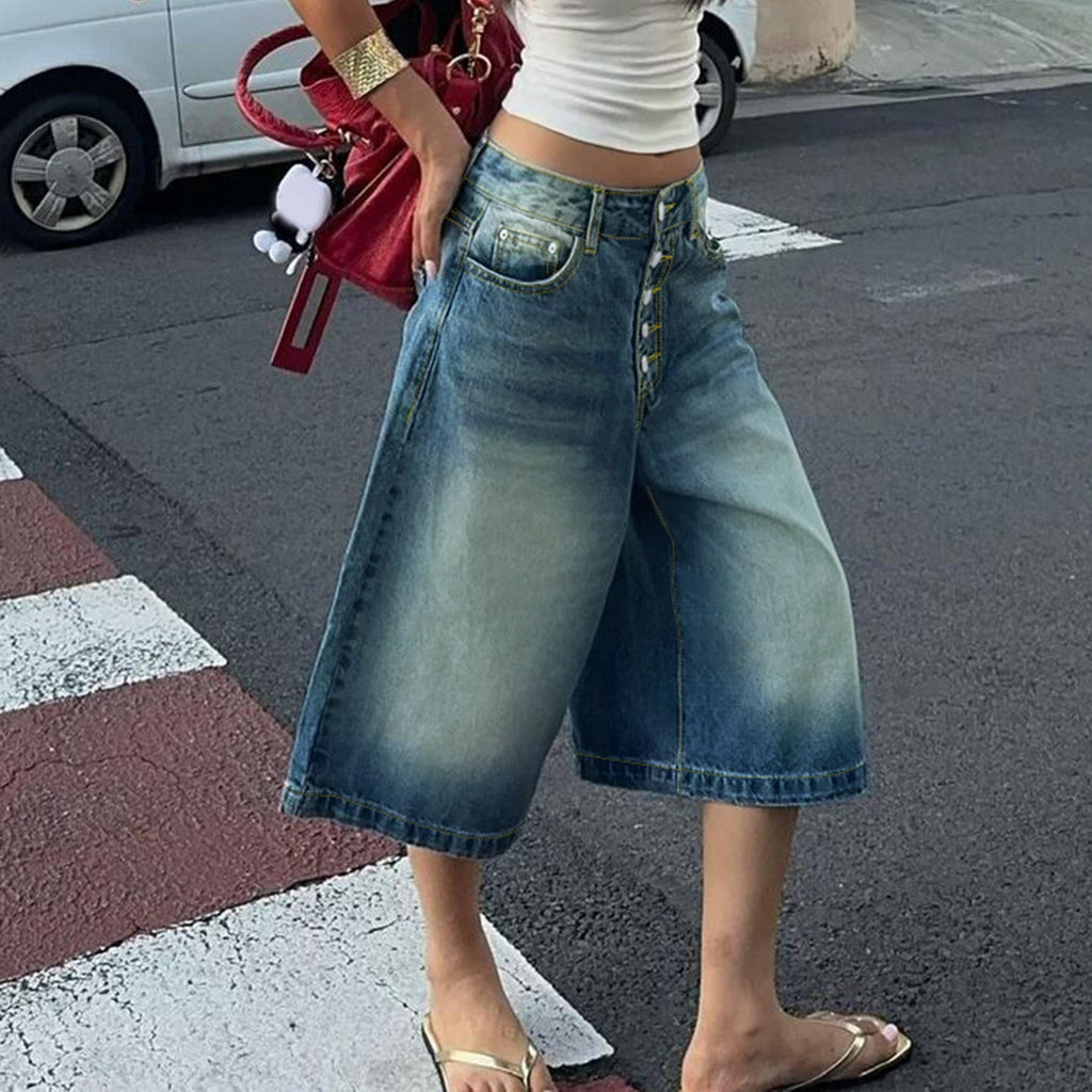 Multi-Breasted Mid-Waist Denim Shorts in Light Blue, Black & Blue