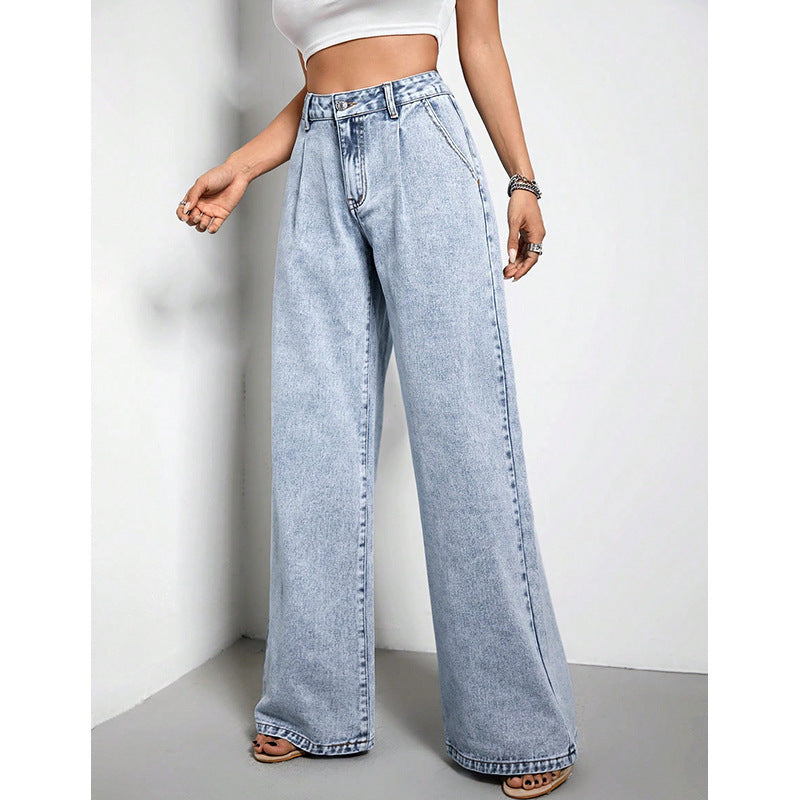 Women's Wide Leg Loose Blue Denim Trousers