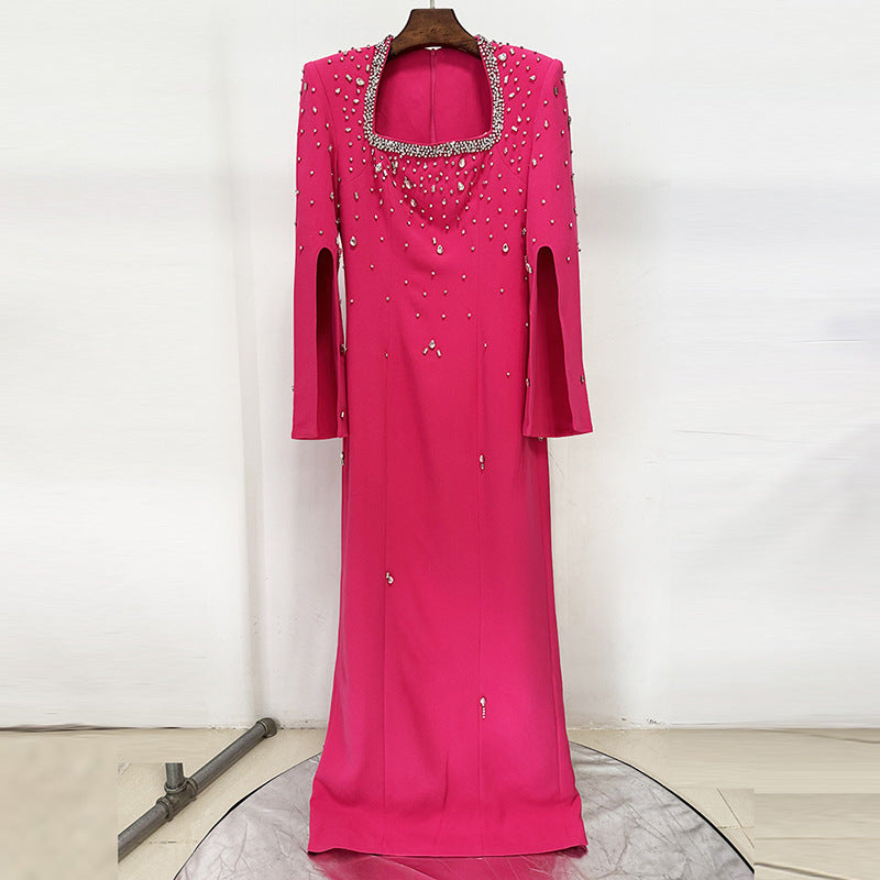 Embellished Beaded Long A-Line Dress with Slit Sleeve and Square Neckline