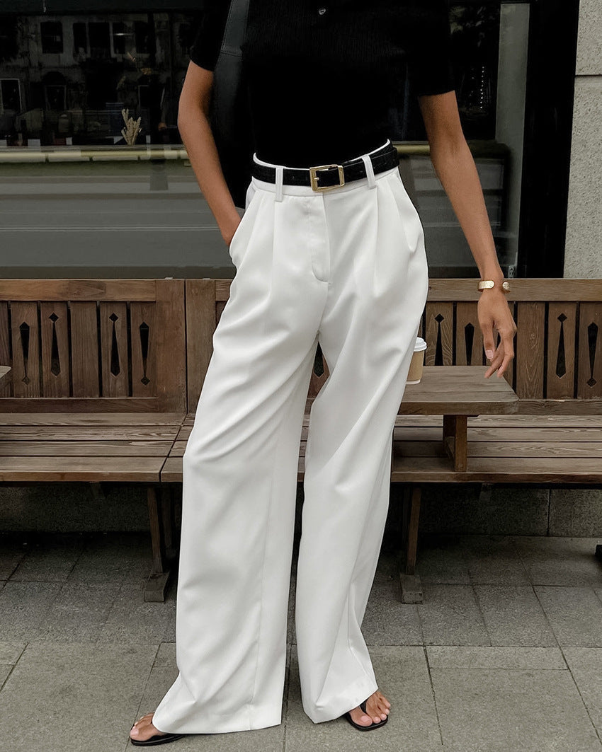 White High-Waist Straight-Leg Casual Pants