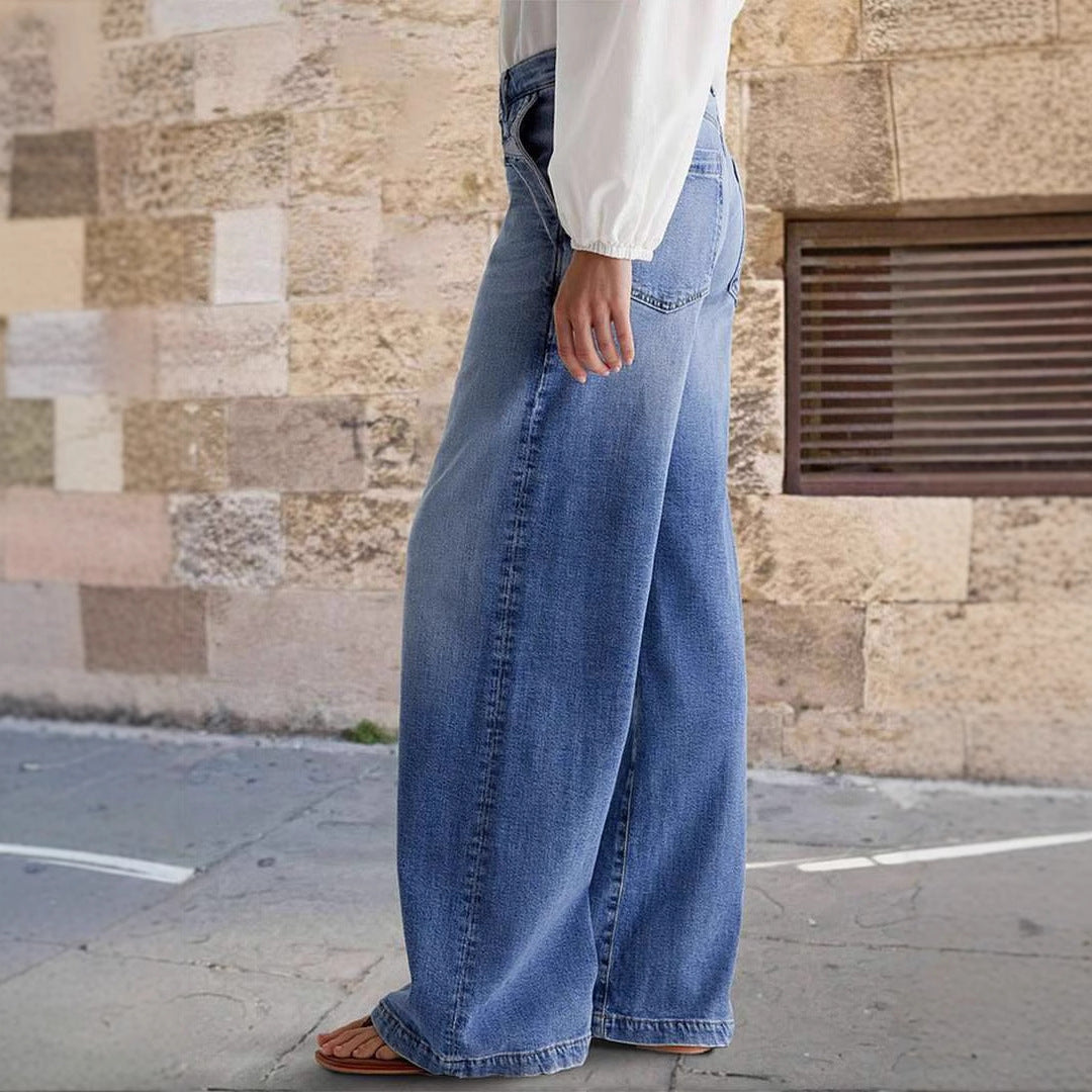 Blue Embroidered High Waist Elastic Straight Denim Pants