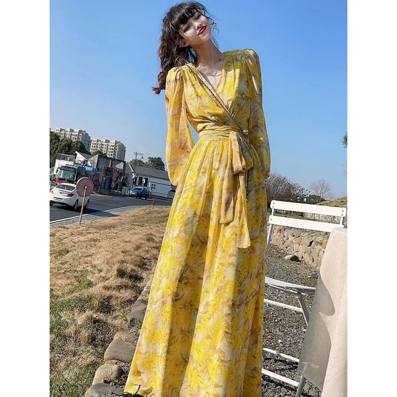 Yellow Floral V-Neck Slimming Chiffon Dress for Women