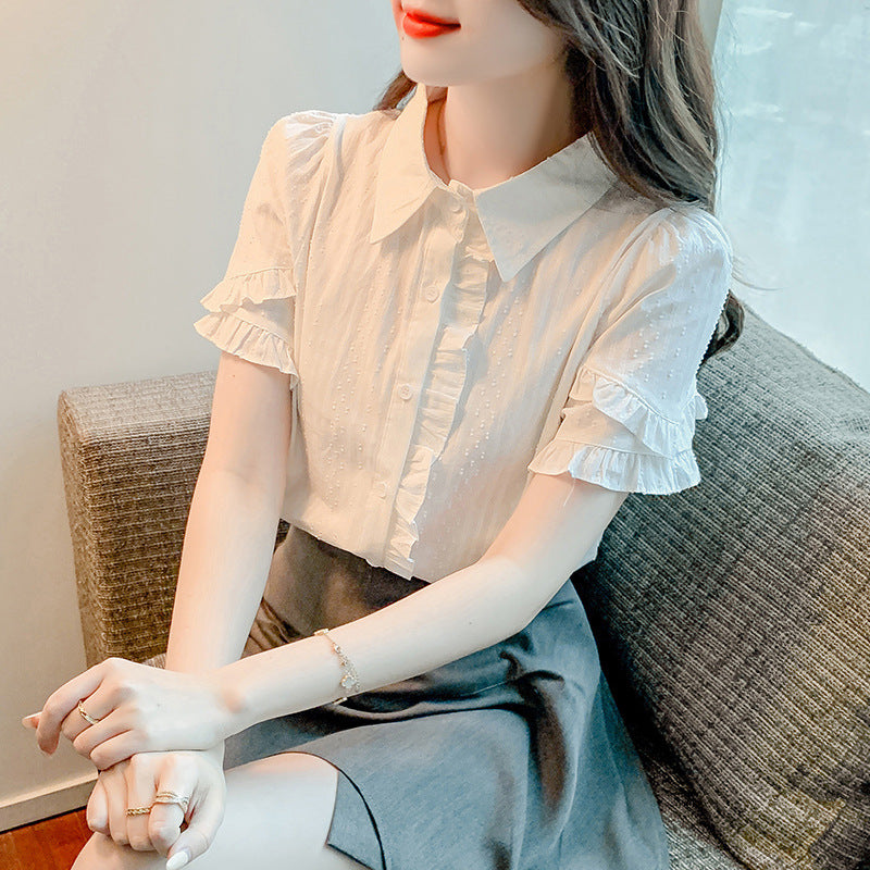 Sweet Design White Cotton Blend Ruffled Short Sleeve Shirt for Women