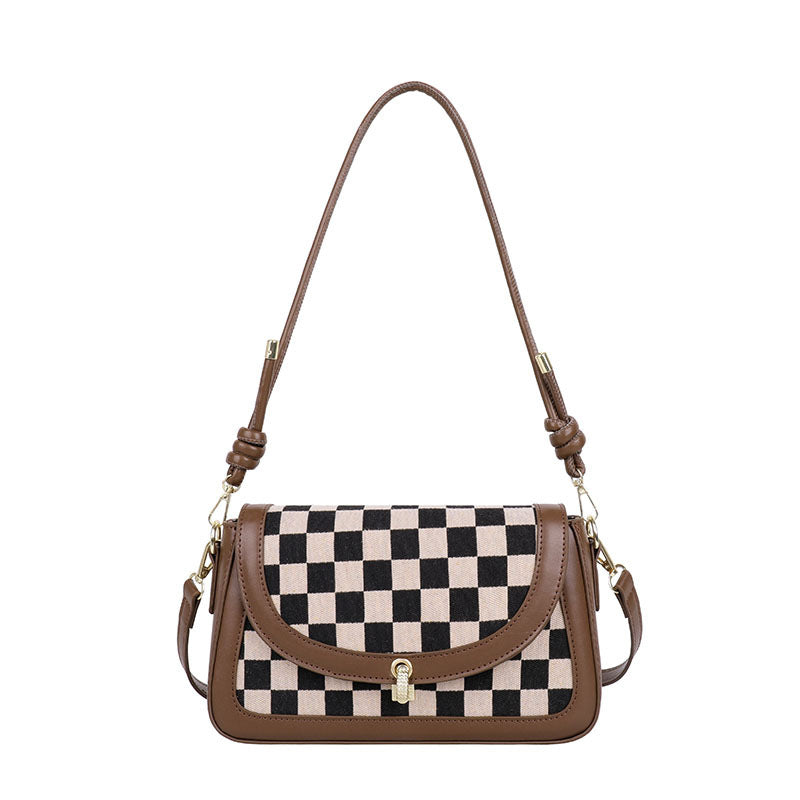 Plaid PU Messenger Bag 26x16x6cm Black Brown