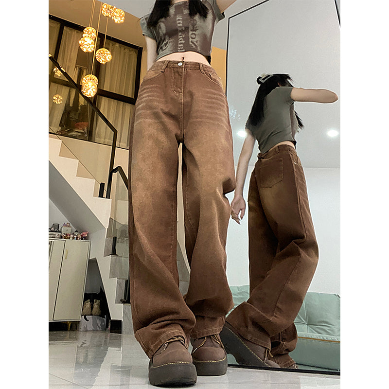 Brown Coffee Women's Straight Loose Wide-Leg Jeans Pants