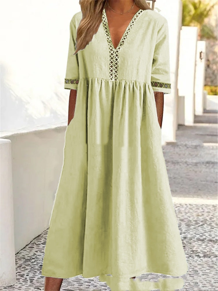 Solid Color Short Sleeve Lace V-neck Tight Waist Dress
