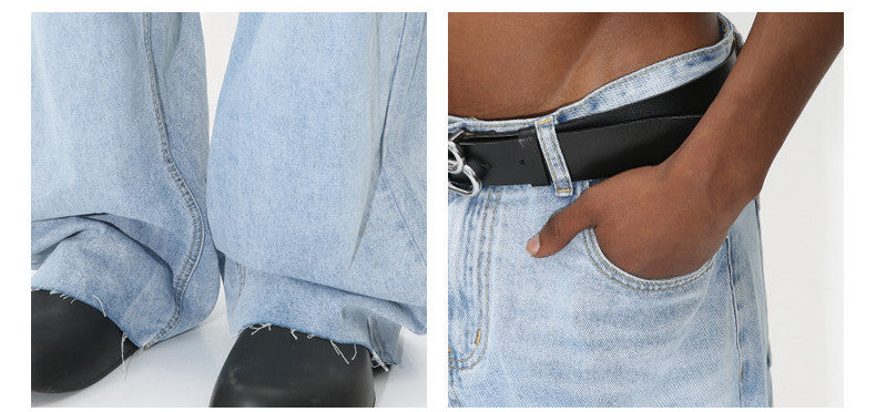 Light Blue Washed Loose Jeans with Frayed Hem