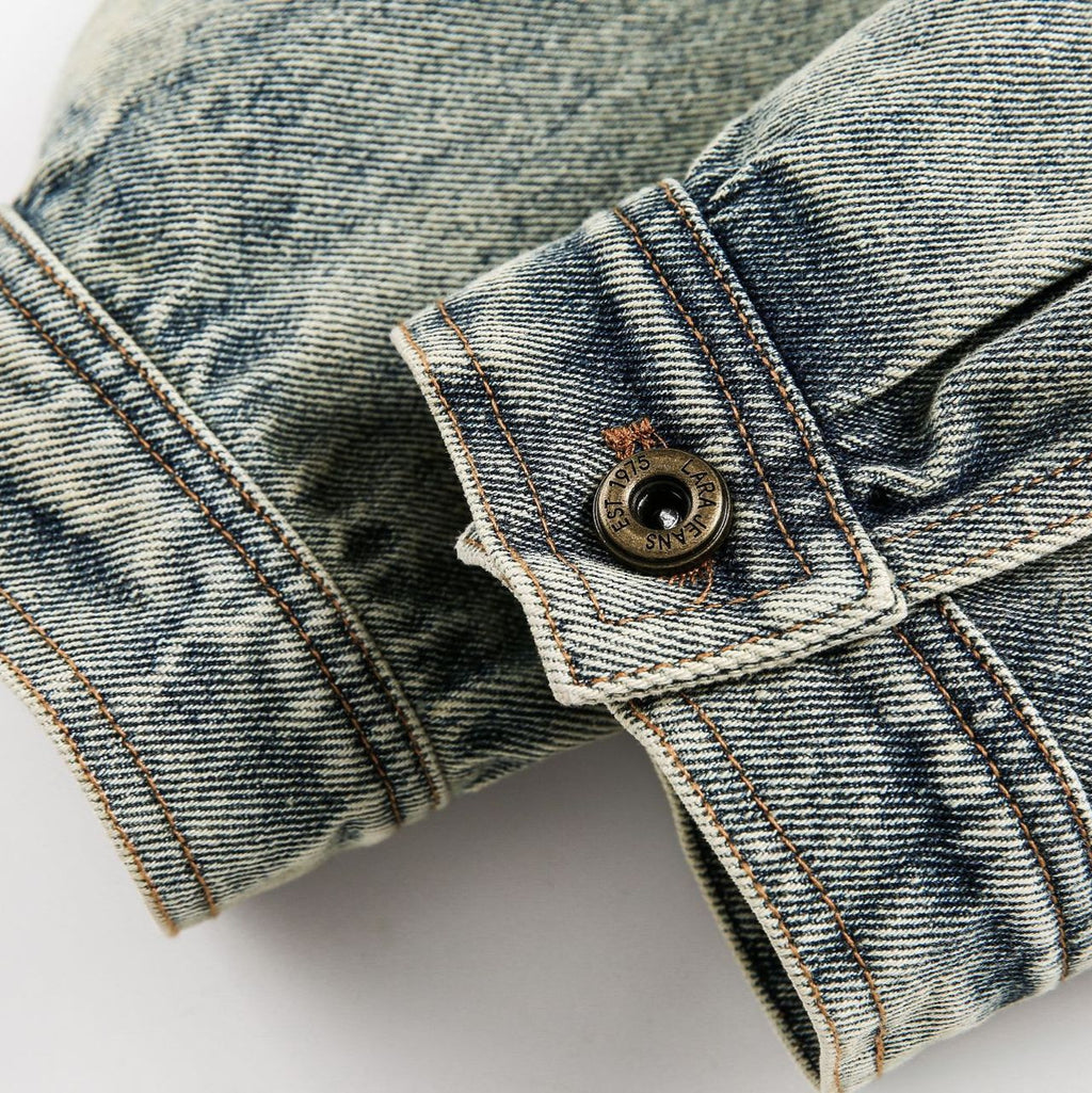 American Retro Washed Denim Jacket with Leopard Print Lapel