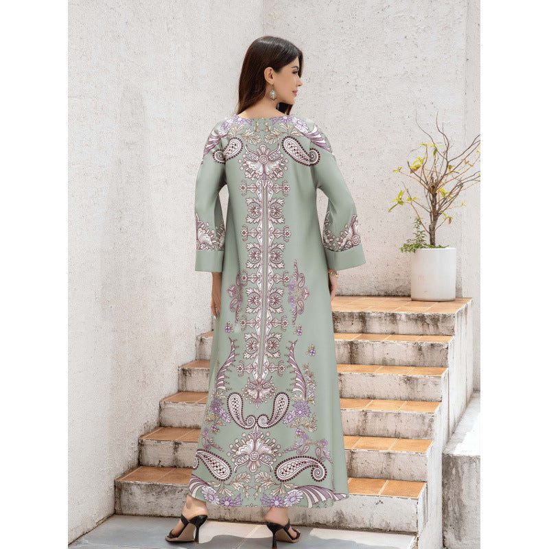 Muslim Women's Wear Robe Printing Hot Bead V-neck Turned Cuff Dress