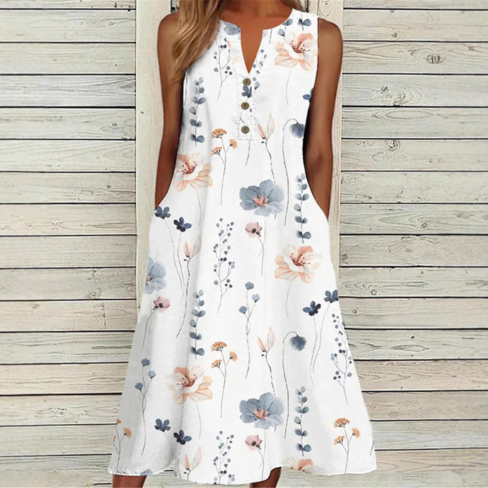 Summer V-Neck Casual Printed Long A-Line Skirt