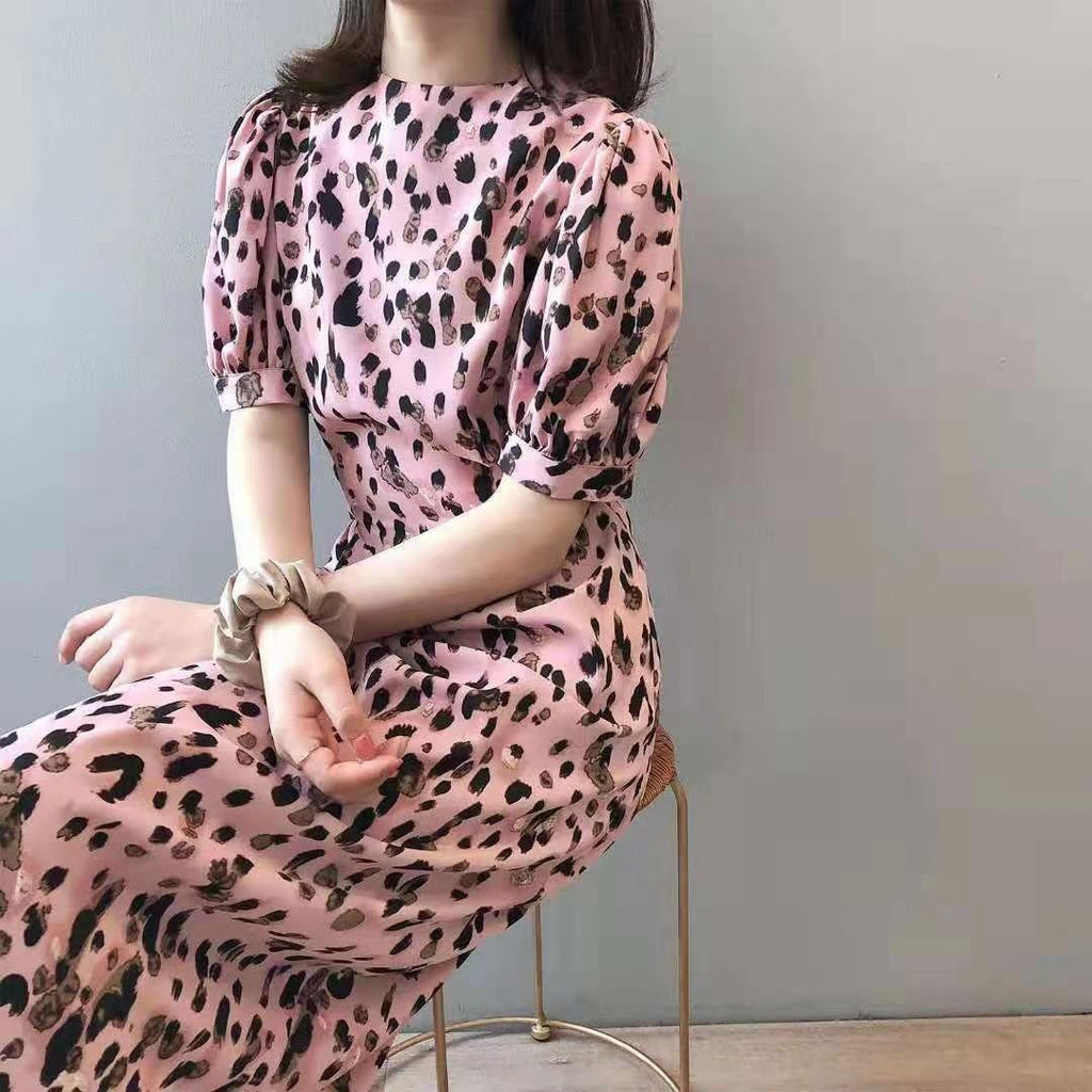 Leopard Print Puff Sleeve Mini Dress with Lace-Up Waist and Split Detail