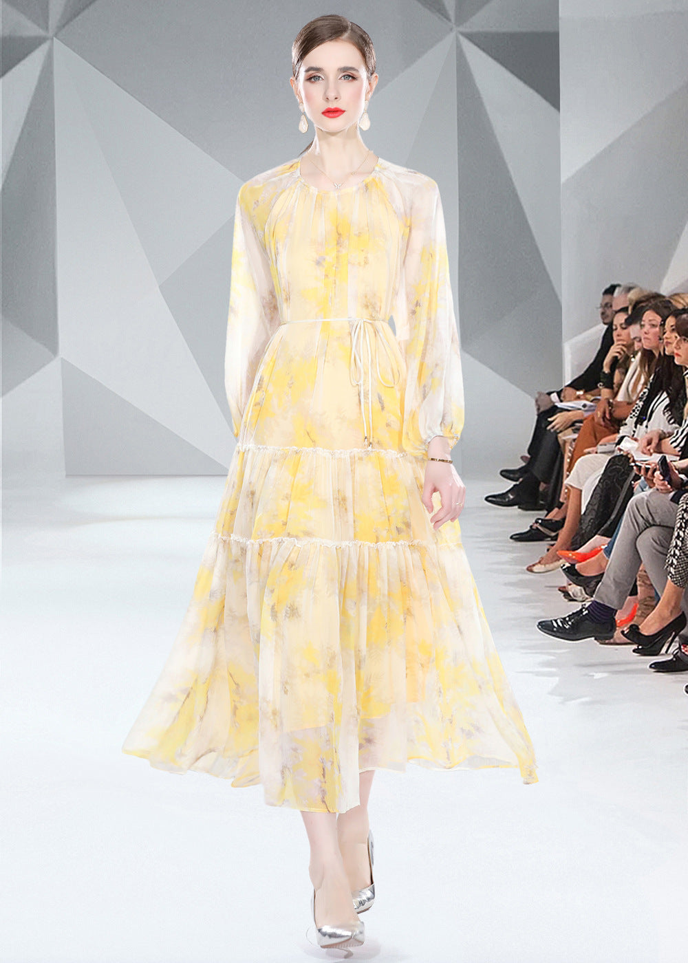 Long Sleeve Lacing Printed Chiffon Dress in Green & Yellow, Sizes M-2XL
