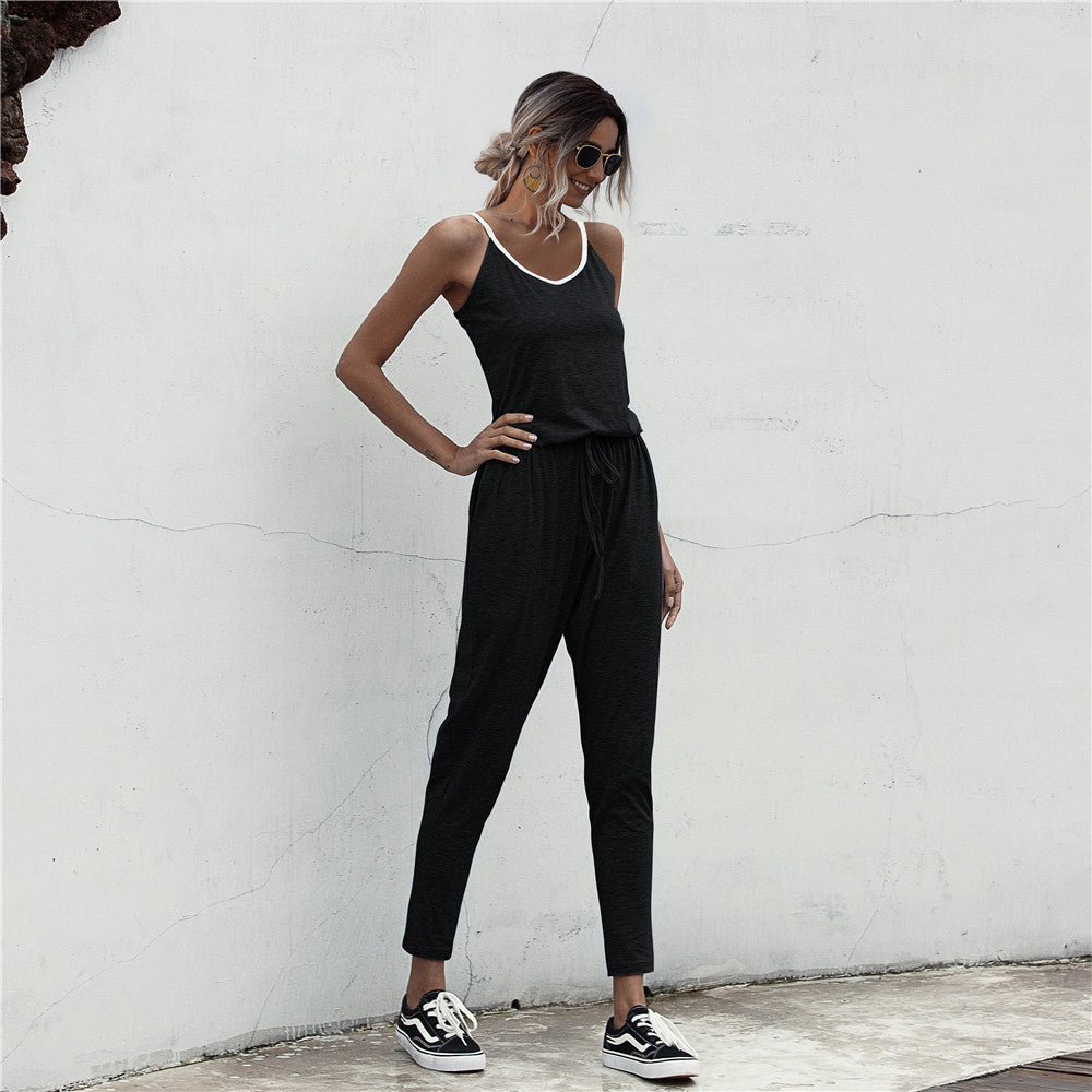 Summer Color Block Suspender Jumpsuit in Gray, Black & Army Green