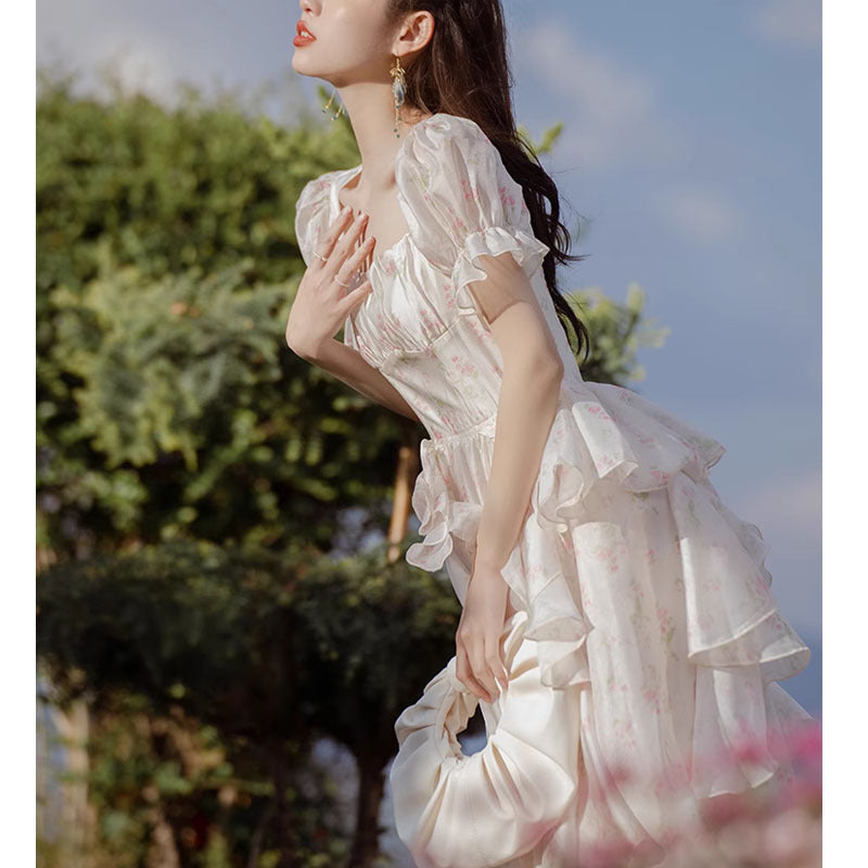 French Style Retro Princess Floral Chiffon Dress