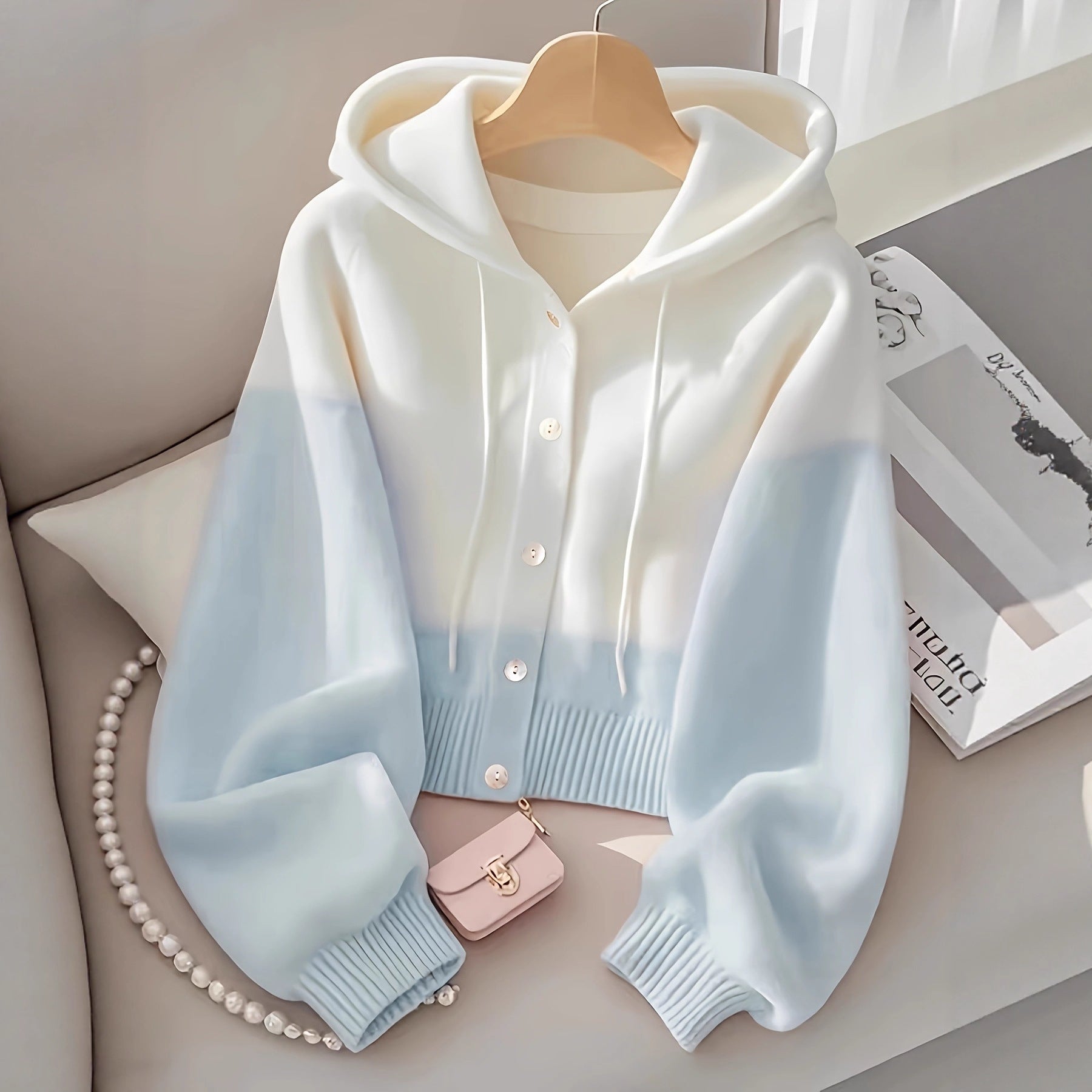 Patchwork Hooded Knitted Top High-Grade Lazy Cardigan