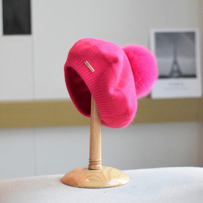 Japanese Style Rabbit Fur Beret Hat for Women, Size M, Winter Warmth, Multiple Colors