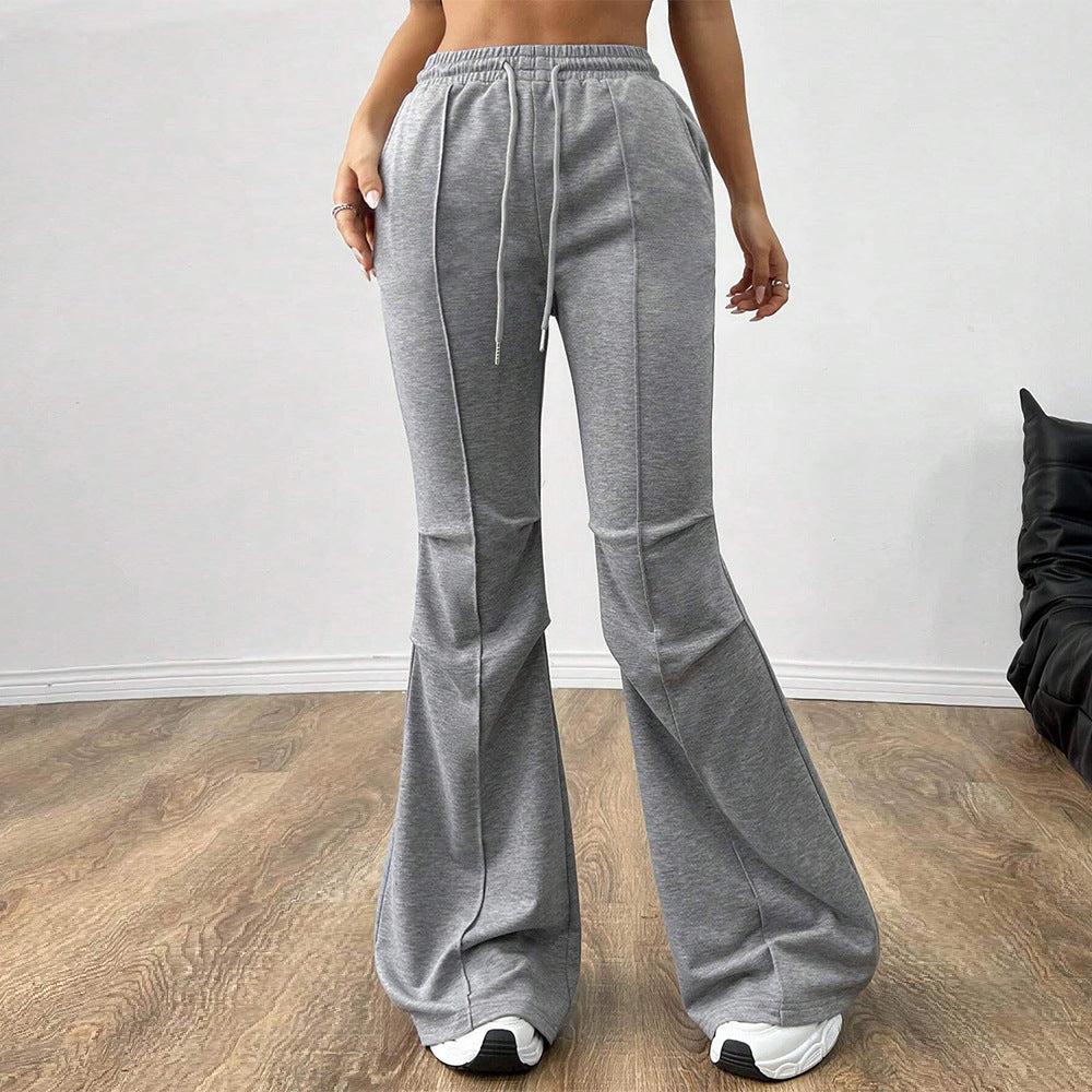 Gray Wide Leg Casual Pants with Elastic Drawstring Waist